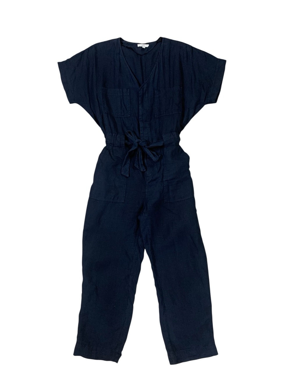 Joie Navy Blue Linen Utility Jumpsuit S Tie Waist Short Sleeve Pockets